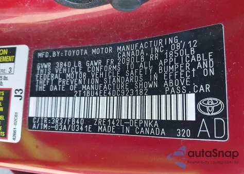 2013 Toyota Corolla Le from USA, damaged, VIN 2T1BU4EE4DC923182